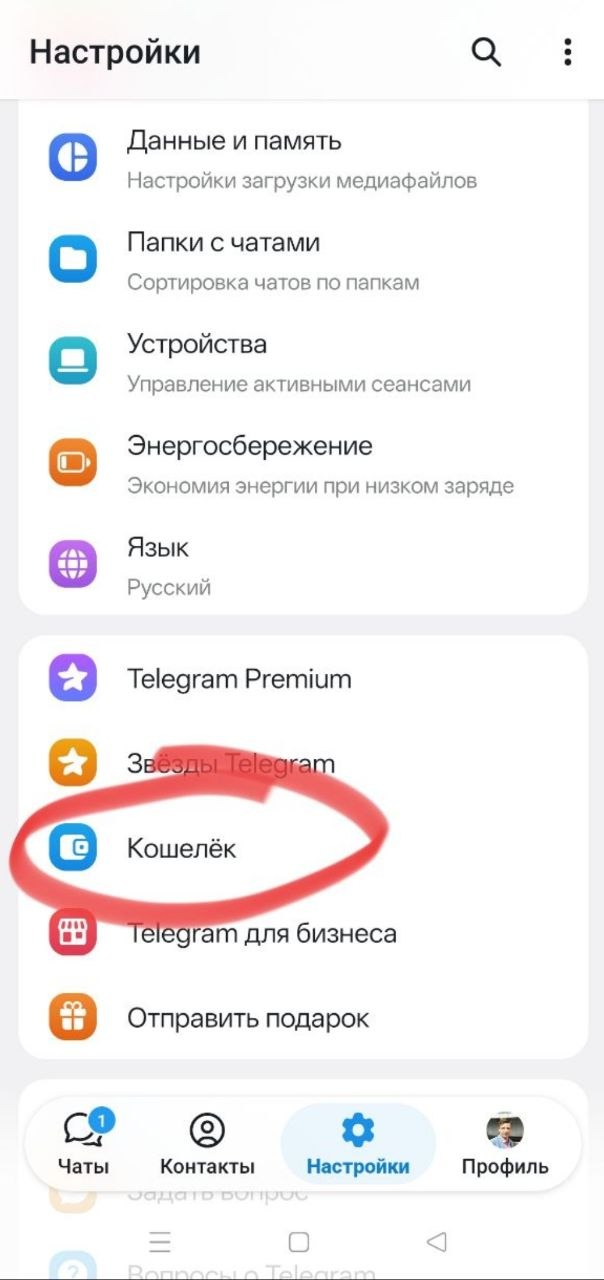 В меню Настройки Telegram выбираем пункт Кошелёк